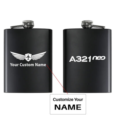 A321neo & Text aviation design on stainless hip flask, compact pocket-size flask.