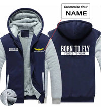 Thumbnail for Born To Fly Forced To Work aviation design printed on soft cotton blend zipped sweatshirt.