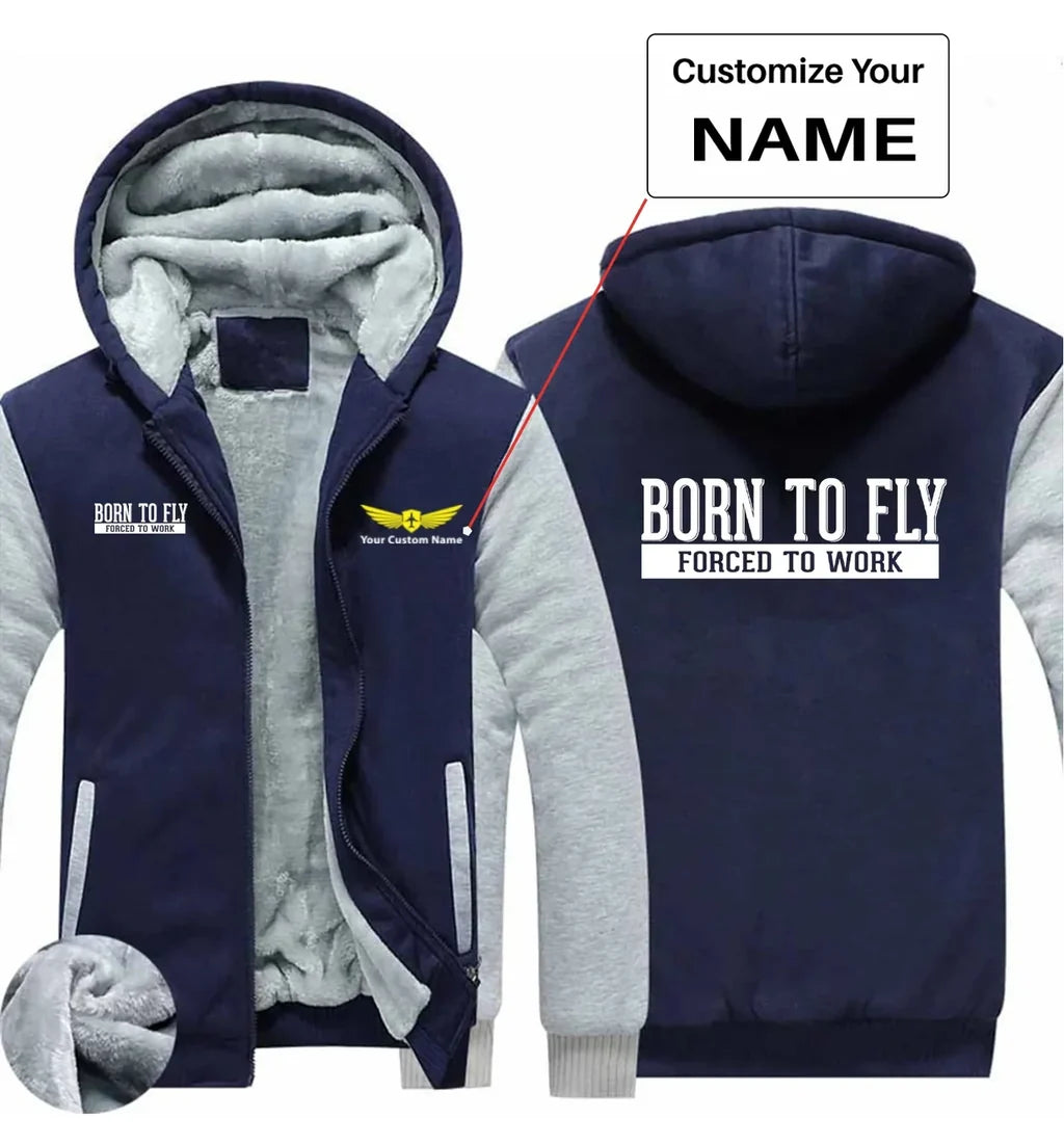 Born To Fly Forced To Work aviation design printed on soft cotton blend zipped sweatshirt.