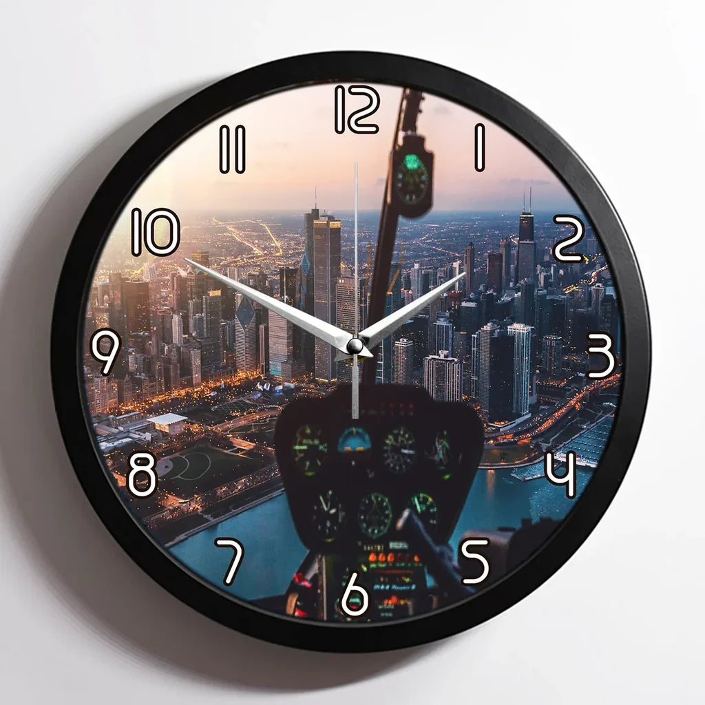 Amazing City View from Helicopter Cockpit aviation design on premium wood and metal wall clock.