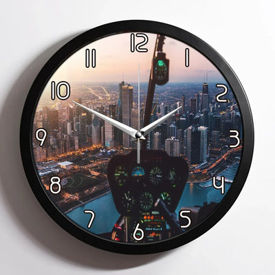 Amazing City View from Helicopter Cockpit aviation design on premium wood and metal wall clock.