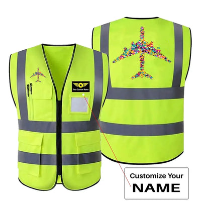Colourful Airplane aviation design printed on high-visibility reflective fabric reflective vest.