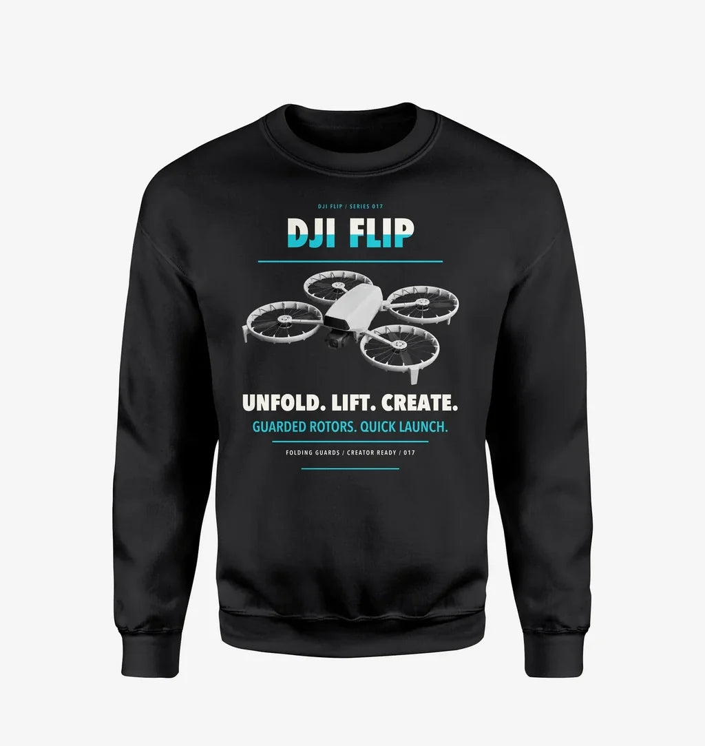 DJI Flip design on black sweatshirt