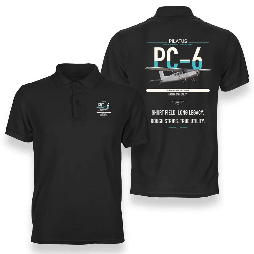 Pilatus PC-6 Porter design on black double-side polo t-shirt, double-side print