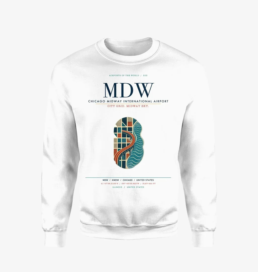 Chicago Midway International Airport (MDW) design on white sweatshirt