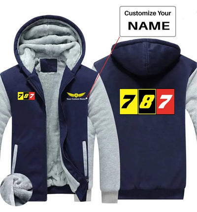 Flat Colourful 787 aviation design printed on soft cotton blend zipped sweatshirt.