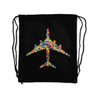 Thumbnail for Colourful Airplane aviation design drawstring bag, lightweight polyester construction.