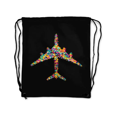 Colourful Airplane aviation design drawstring bag, lightweight polyester construction.