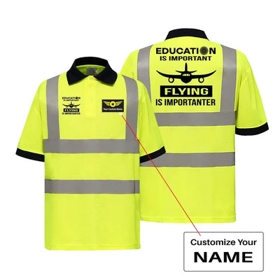 Flying is Importanter aviation design printed on soft cotton reflective polo shirt.
