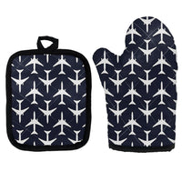 Thumbnail for Perfectly Sized Seamless Airplanes Dark Blue Kitchen Glove & Holder aviation design on durable fabric with insulated lining k.