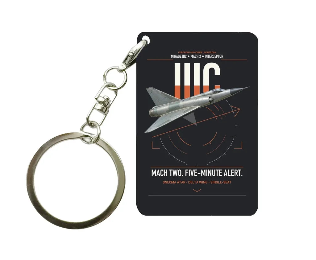 Dassault Mirage IIIC design on black designed key chain, double-side print
