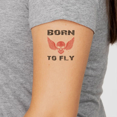 Born To Fly SKELETON aviation temporary tattoo in skin-safe adhesive paper.