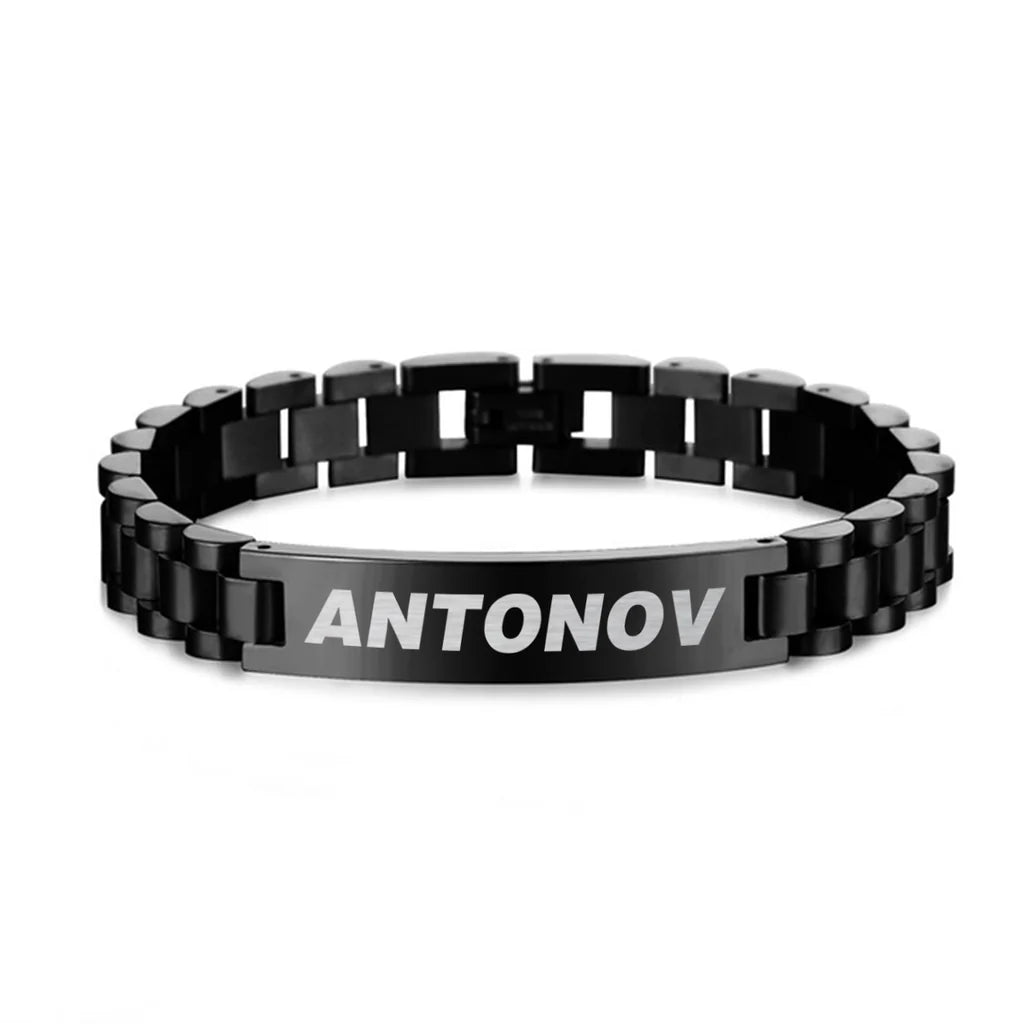 Side view of Antonov & Text aviation chain bracelet in stainless steel, polished finish.