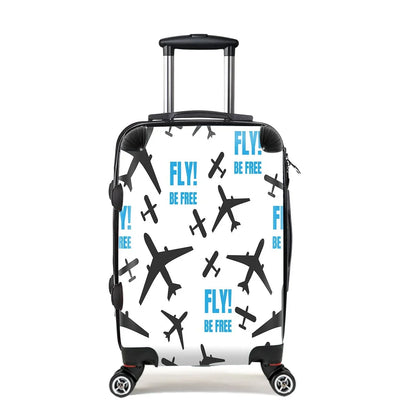 Fly Be Free White Cabin Size aviation print luggage, durable shell.