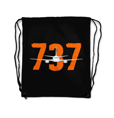 Boeing 737 aviation print drawstring bag, lightweight polyester.