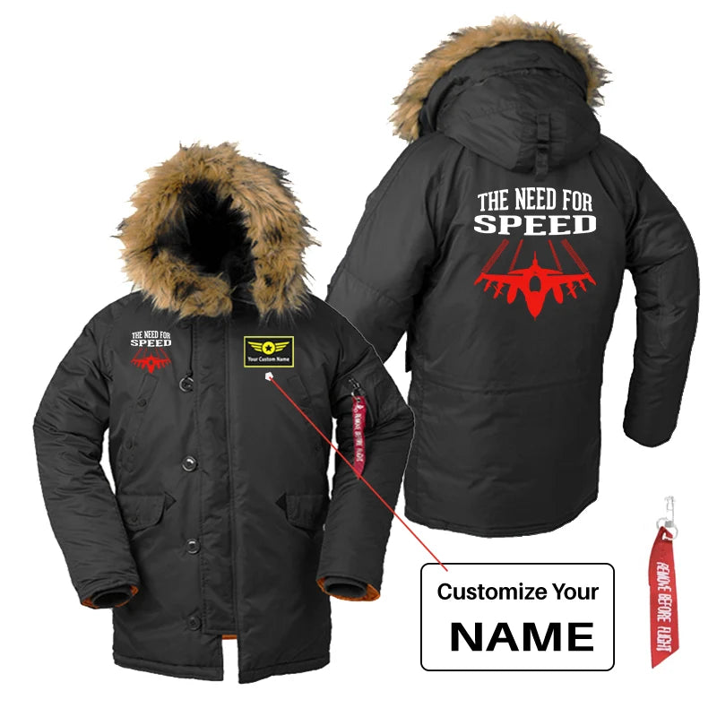 The Need For Speed aviation design printed on heavyweight shell with hooded warmth parka bomber.
