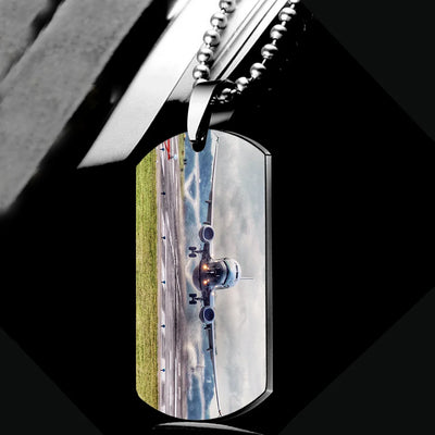 Side view of Departing Boeing 737 aviation necklace in polished metal, polished finish.