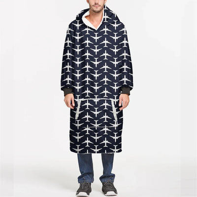 Perfectly Sized Seamless Airplanes Dark Blue aviation design on soft fleece blanket hoodie.