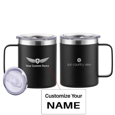 Sun Country Airlines aviation design on laser-engraved mug, permanent laser engraving on stainless.