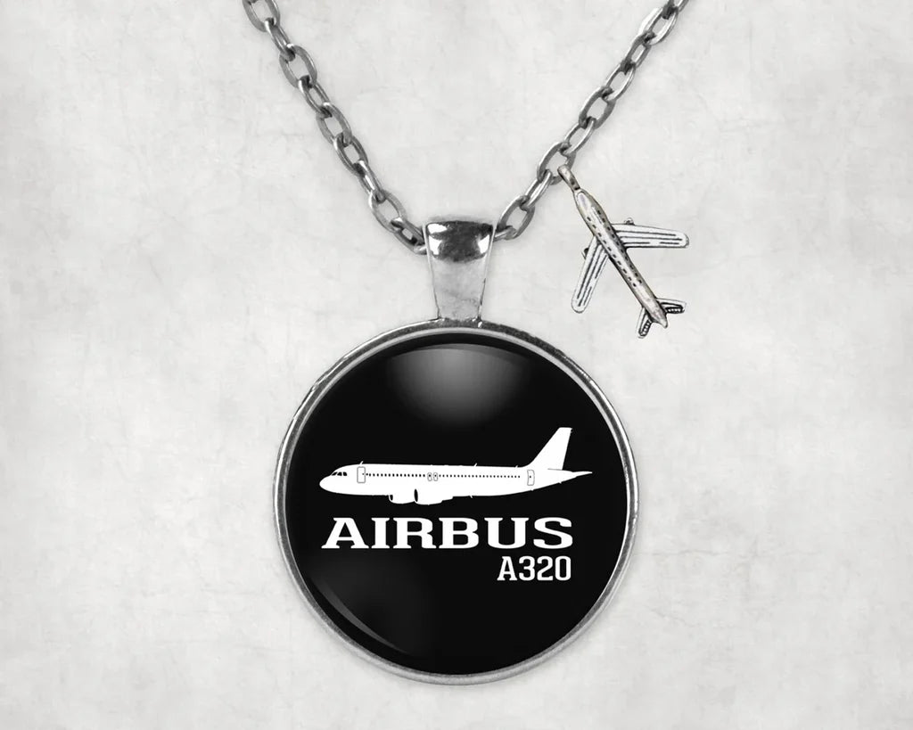 Side view of Airbus A320 Printed aviation necklace in stainless steel, polished finish.