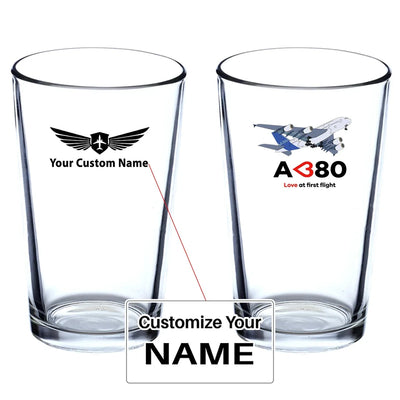 Airbus A380 Love at first flight Beer & aviation design on beer water glass, versatile drinkware.