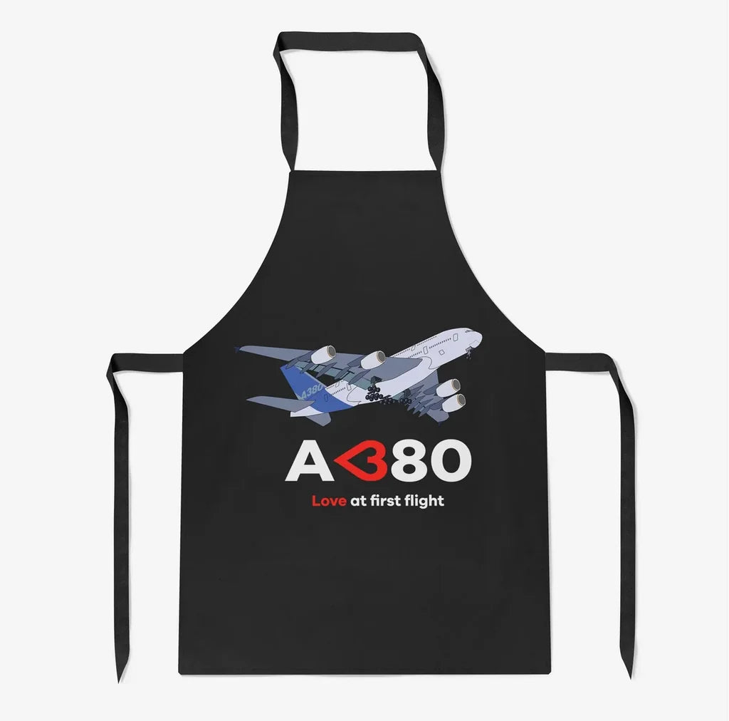 Airbus A380 Love at first flight aviation design on durable cotton blend kitchen apron.