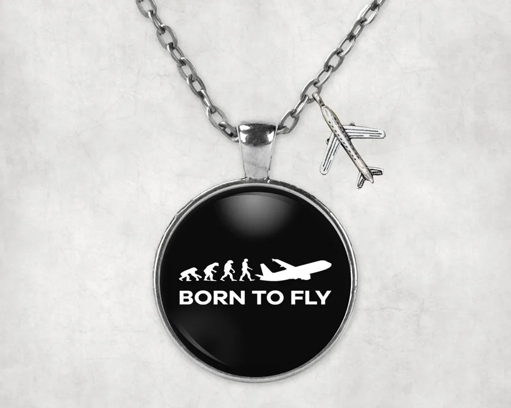 Born To Fly aviation-themed necklace, polished stainless steel.