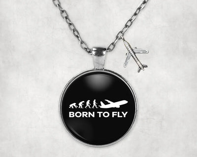 Born To Fly aviation-themed necklace, polished stainless steel.