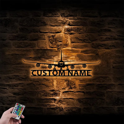 Airbus A340 Silhouette aviation design on durable metal with LED metal wall art.
