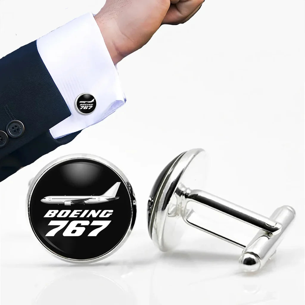 The Boeing 767 aviation-themed cuff links, polished metal.