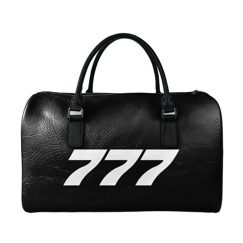 Boeing 777 Flat Text aviation design leather travel bag, full-grain leather construction.