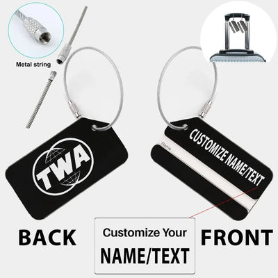 Trans World Airlines (TWA) Designed Fashion Metal Luggage tag, Black + NAME
