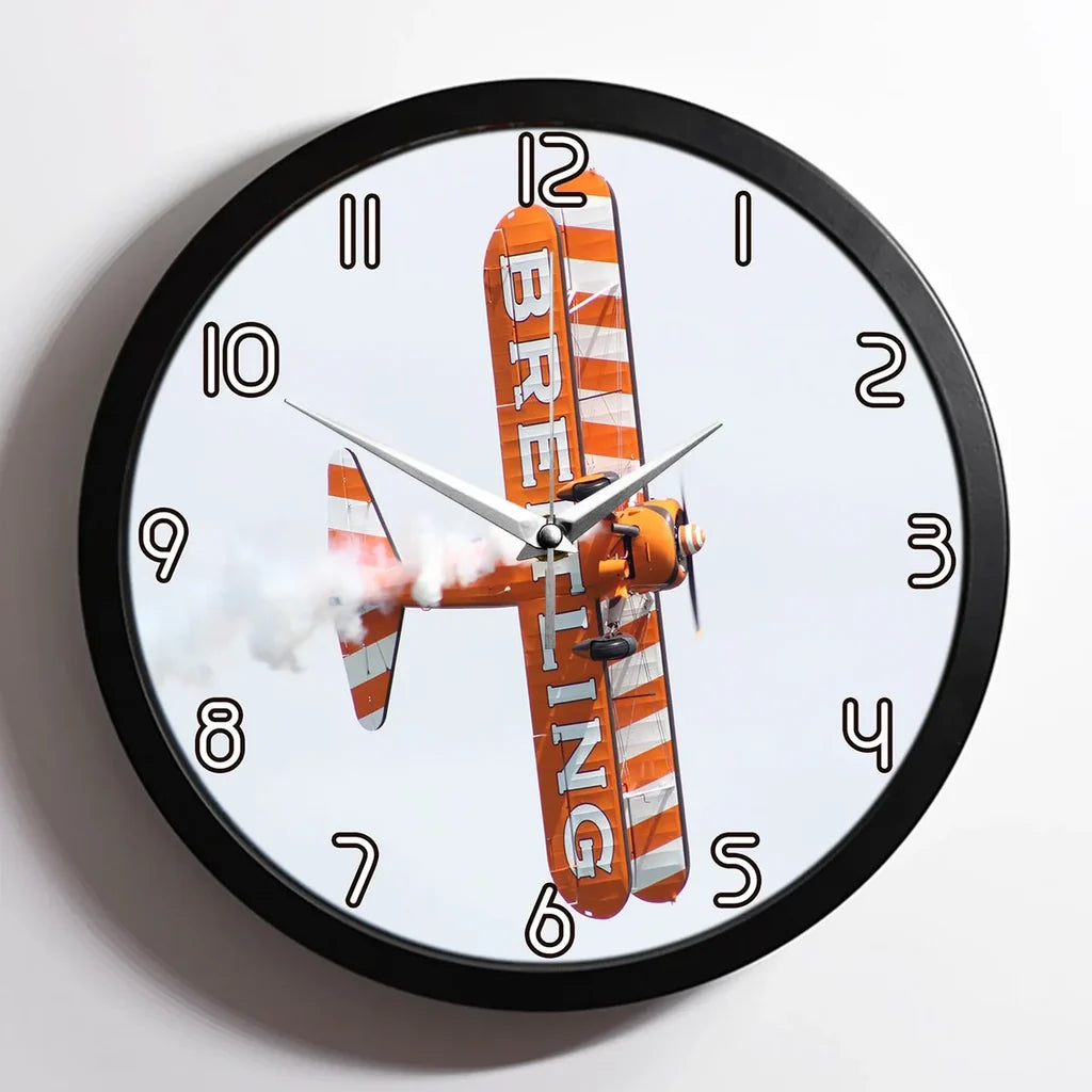 Breitling Show aviation design on premium wood and metal wall clock.
