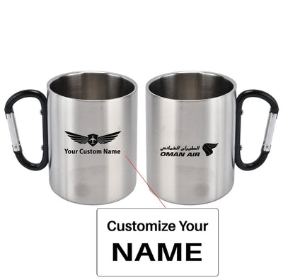 Oman Airlines aviation design on outdoor mug, durable insulated construction.