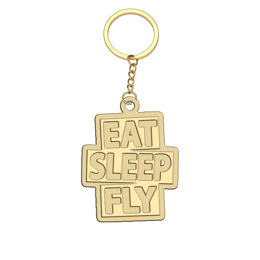 Eat Sleep Fly aviation hollow key chain in polished alloy.