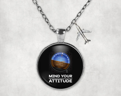 Mind Your Attitude aviation necklace, stainless steel body with engraved detail.