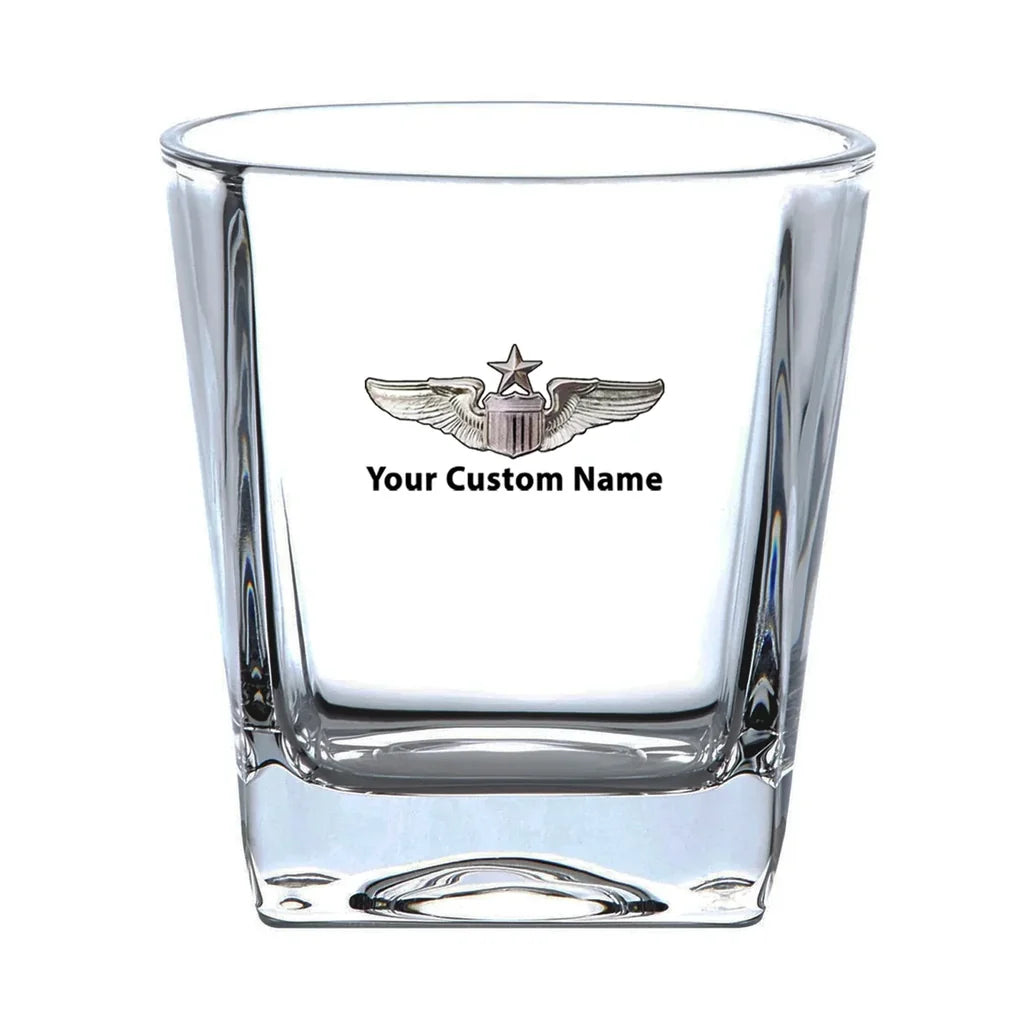Custom Name "US Air Force & Star" aviation design on whiskey glass, crystal-clear premium glassware.