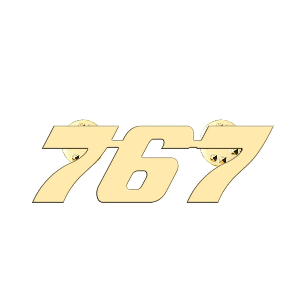 Boeing 767 Flat Text aviation hollow pin in polished alloy.
