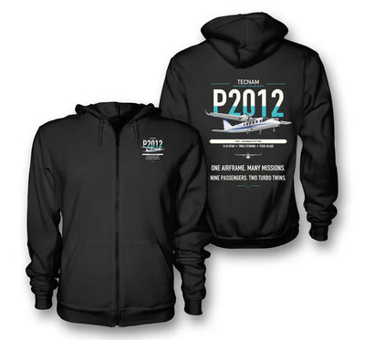 Tecnam P2012 Traveller design on black premium zipped hoodie, double-side print