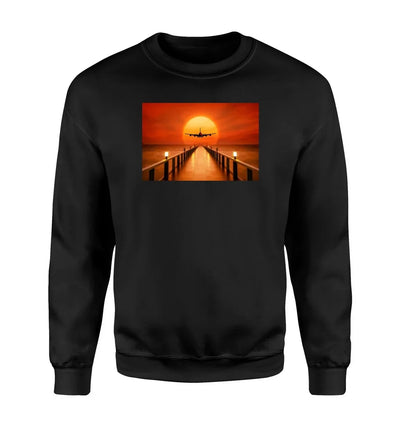 Airbus A380 Towards Sunset aviation design printed on soft cotton blend sweatshirt.