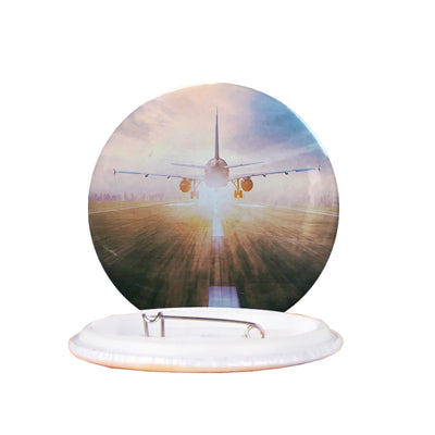 Airplane Flying Over Runway aviation design pin in polished enamel.