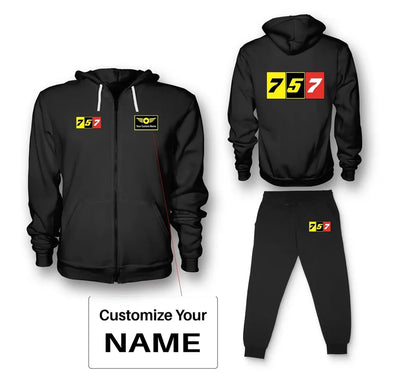Flat Colourful 757 aviation design on soft cotton blend zipped hoodie and sweatpants set.