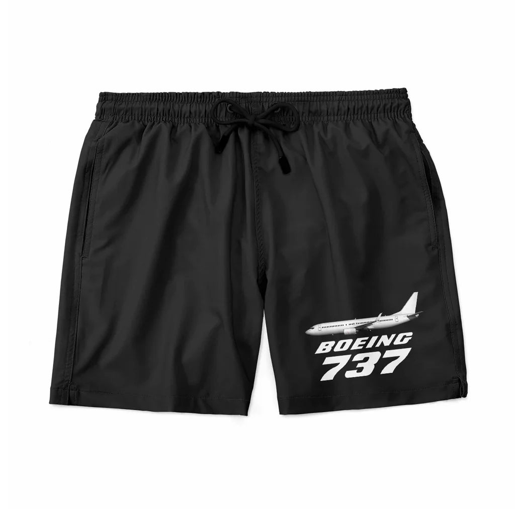The Boeing 737 aviation design on quick-dry polyester swim trunks.