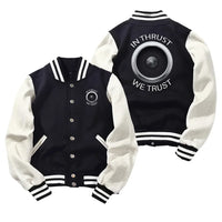 Thumbnail for In Thrust We Trust Baseball Style aviation design printed on two-tone shell with ribbed cuffs baseball jacket.