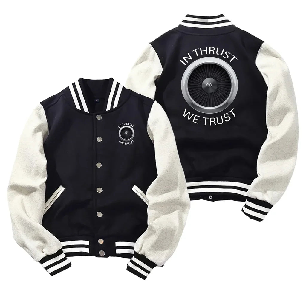 In Thrust We Trust Baseball Style aviation design printed on two-tone shell with ribbed cuffs baseball jacket.