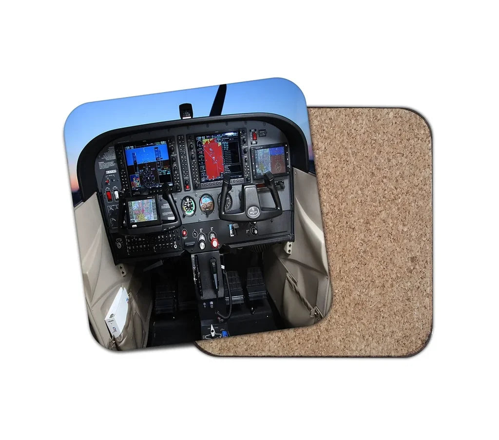 Cessna 172 Cockpit aviation design on cork-backed wood with print coaster.