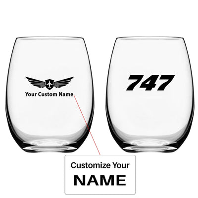 Boeing 747 Flat Text Water & Drink aviation design on water glass, crystal-clear premium glassware.