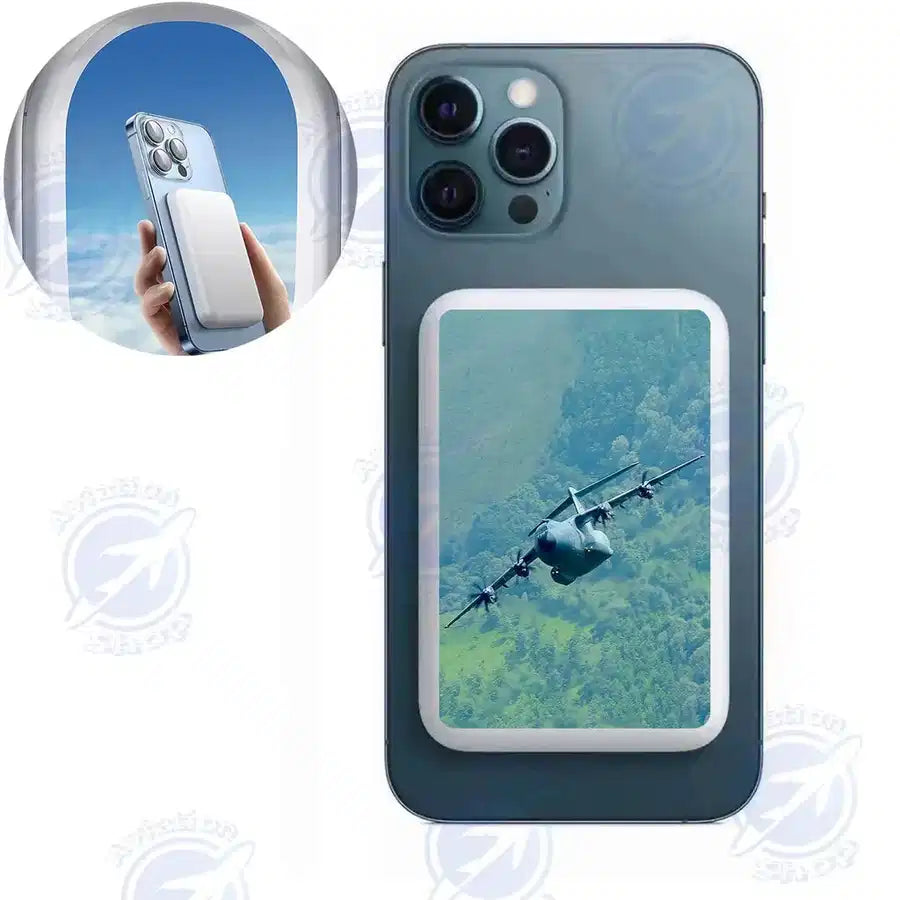 Cruising Airbus A400M aviation design on durable casing with MagSafe ring MagSafe powerbank.