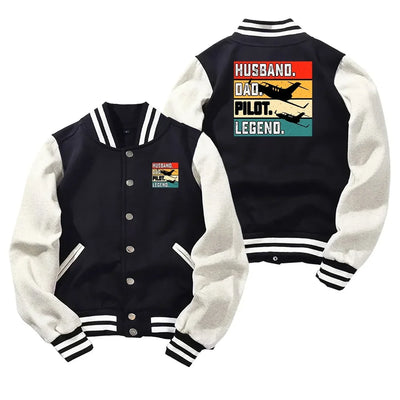 Husband & Dad & Pilot & Legend Baseball Style aviation design printed on two-tone shell with ribbed cuffs baseball jacket.