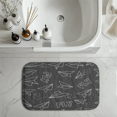 Paper Airplane & Fly-Gray aviation design on soft absorbent fabric with non-slip backing bath mat.